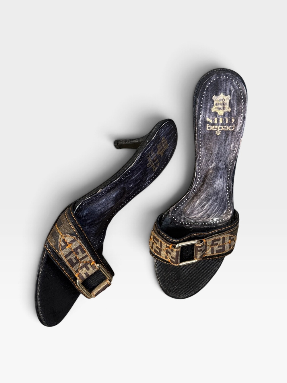 Vintage Y2K Fendi Zucca FF Monogram Buckle Kitten Heel Denim Slide Sandals 36.5